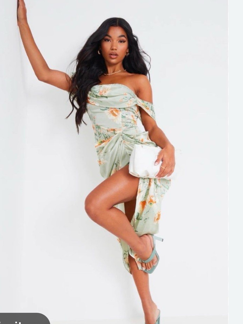 PrettyLittleThing Mint Floral Draped Midi Dress